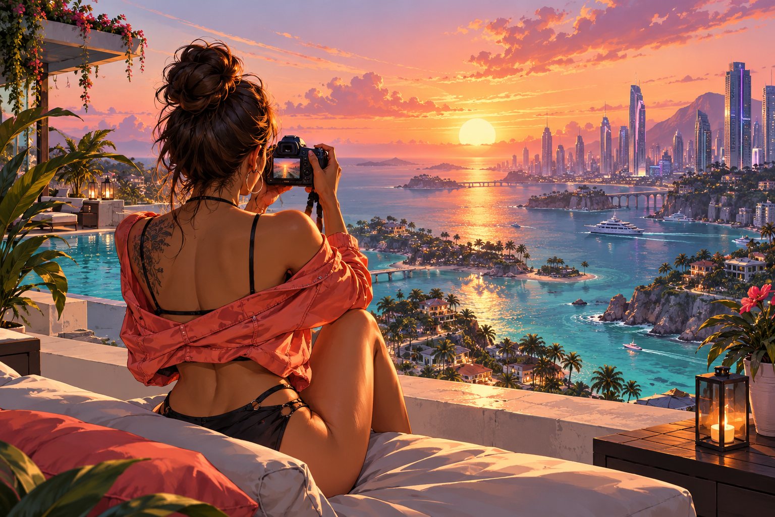 Original fictional creator photographing a turquoise coast at sunrise