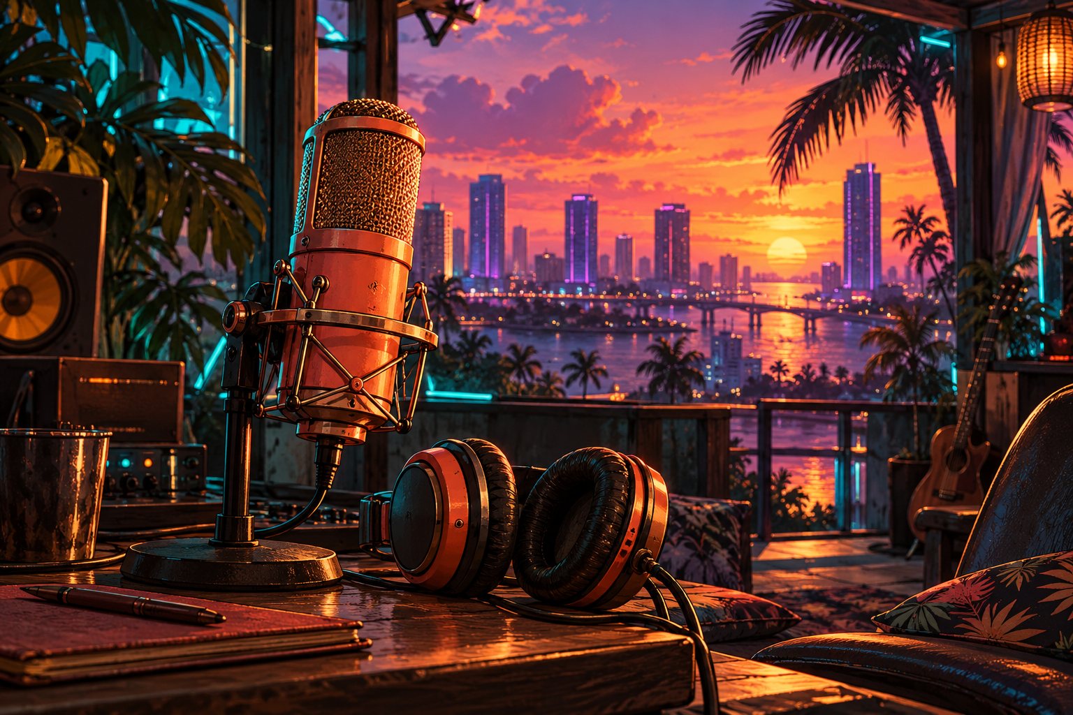 Original microphone and headphones in a sunset recording studio